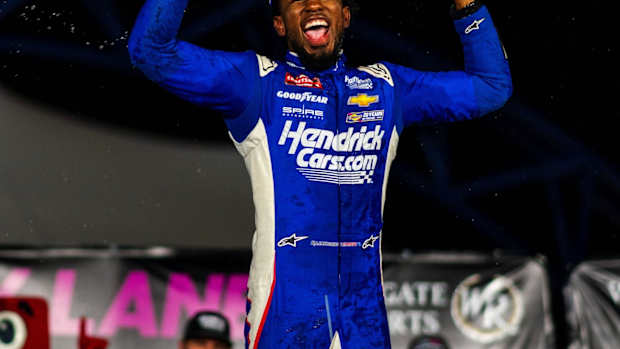Rajah Caruth celebrates his first NASCAR win. Photo courtesy Celsius.